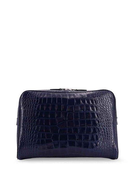 Tom Ford Blue Leather Laptop Pouch With Croco Print for men