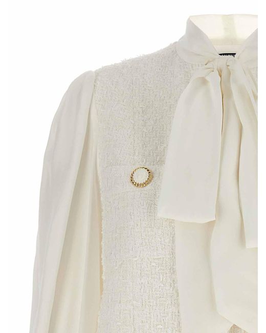 Balmain White Feather-Trim Tweed Mini Dress