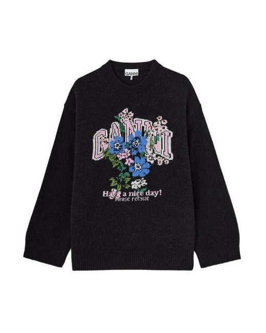 Ganni Blue Graphic Wool Oversized Sweater Flowers