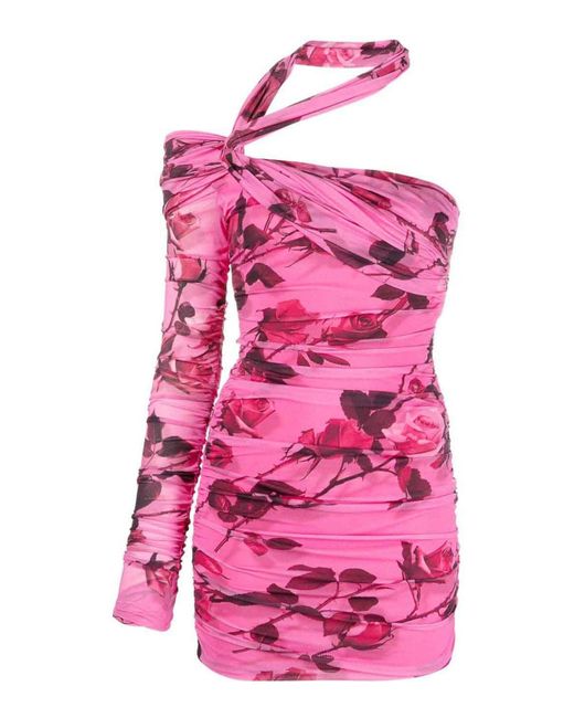 Blumarine Pink Rose Print One-shoulder Mini Dress