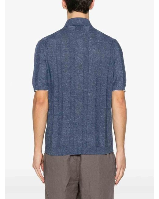 Brunello Cucinelli Blue Linen And Cotton Wide Rib Knit Polo for men