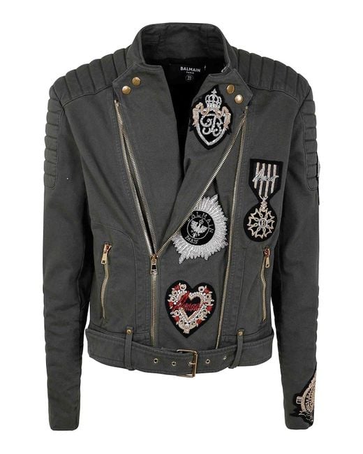 Balmain Black Denim Biker Jacket W/ Patch for men