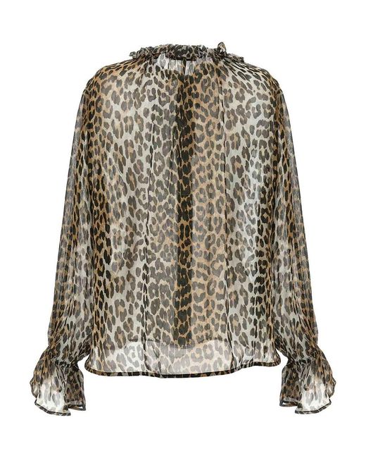 Ganni Multicolor 'Leopard Print Chiffon Tie String' Shirt
