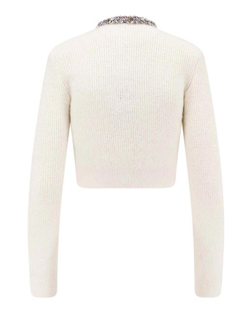 Self-Portrait White Alpaca Mixed Cardigan With Rhinestones