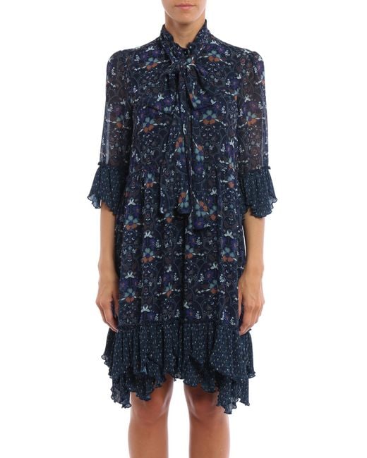 See By Chloé Blue Russian Folk Print Flounced Dress