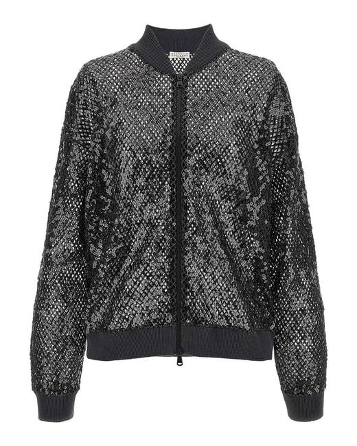 Brunello Cucinelli Black Dazzling Net Embroidery Cardigan