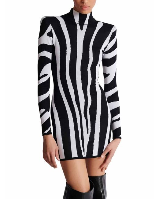 Balmain Black Short Knit Dress With Zebra Intarsia