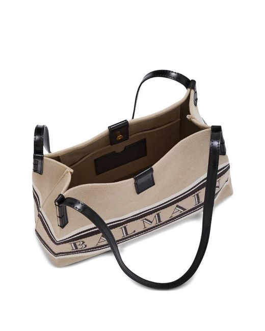 Balmain White Release Small Canvas And Leather Tote