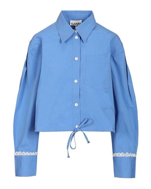 Ganni Blue Cotton Shirt With Lace Details