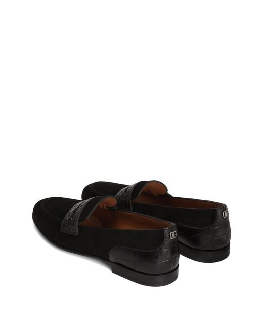 Dolce & Gabbana Black Suede Crocodile-Effect Loafers for men
