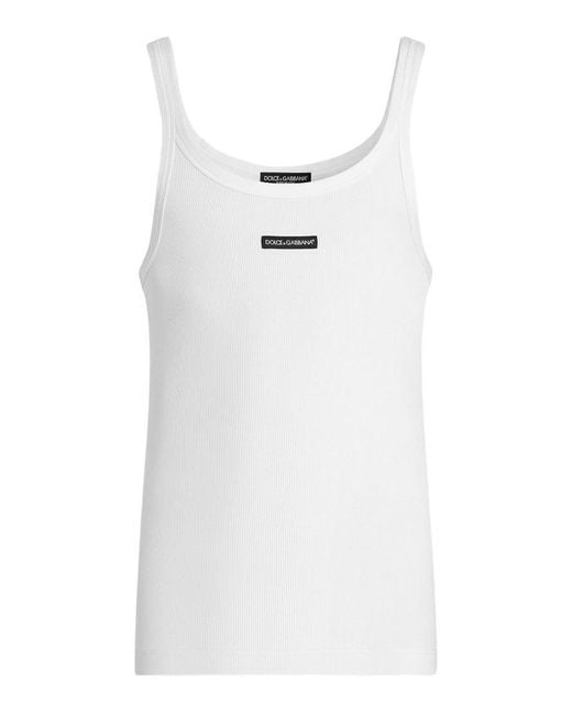 Dolce & Gabbana White Cotton Tank Top With Print for men