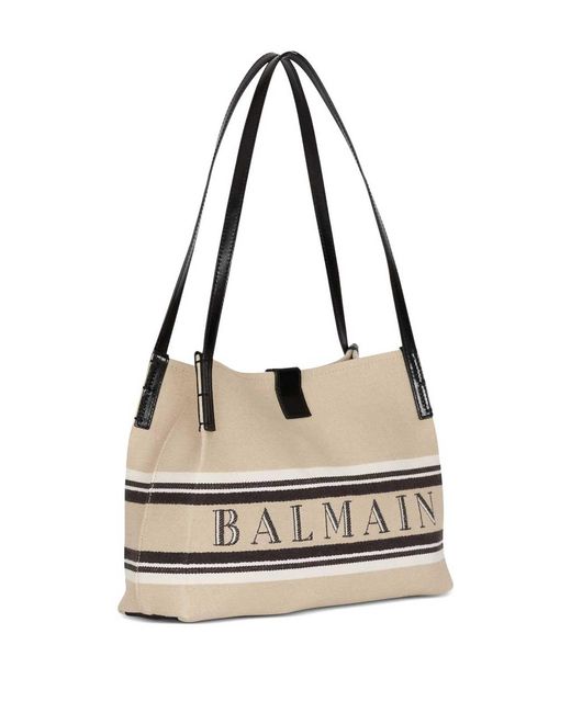 Balmain White Release Small Canvas And Leather Tote