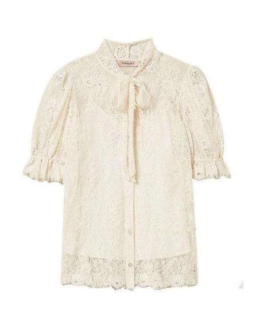 Twinset White Ivory Lace Shirt With Lavallire Collar