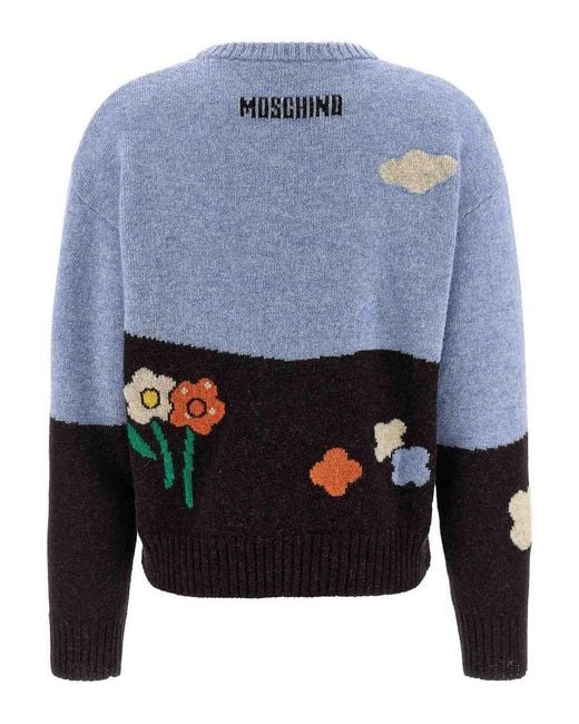 Moschino Blue Shetland Wool Sweater With Landscape Intarsia