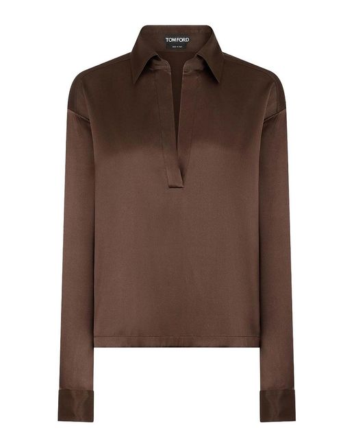 Tom Ford Silk Satin Blouse With Tf Logo Embroidered In Tone-on-tone Brown