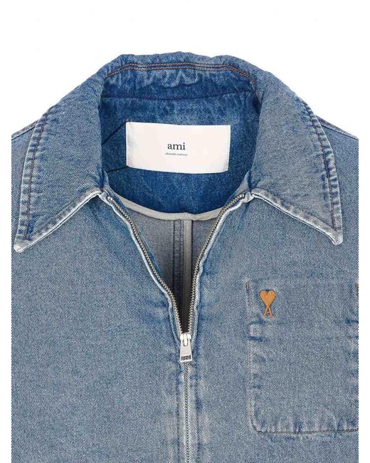 AMI Blue Denim Jacket Zip Closure for men