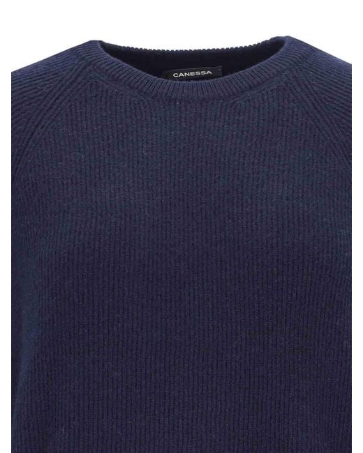 Canessa Blue Ribbed Cashmere Crewneck Sweater