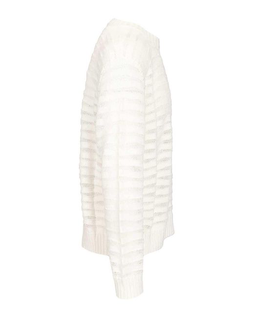 MM6 by Maison Margiela White Open Knit Stripe Cotton Crewneck Sweater for men