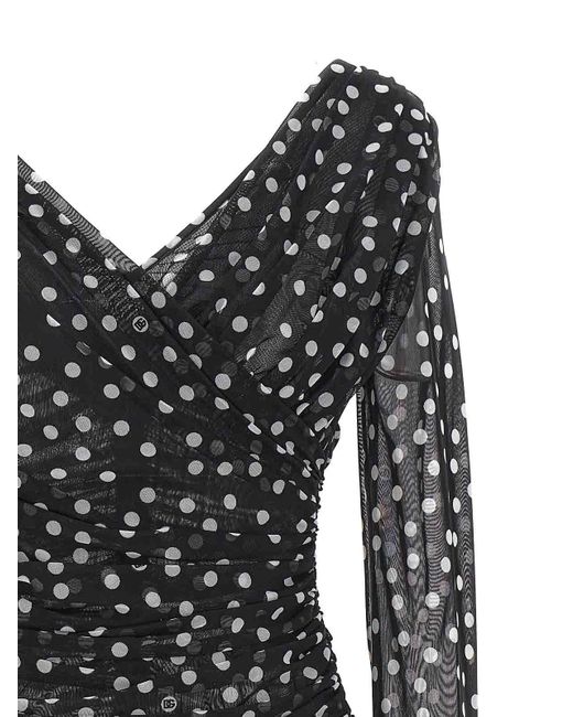 Dolce & Gabbana Black Polka-Dot Tulle Top With Wrap-Front Neckline
