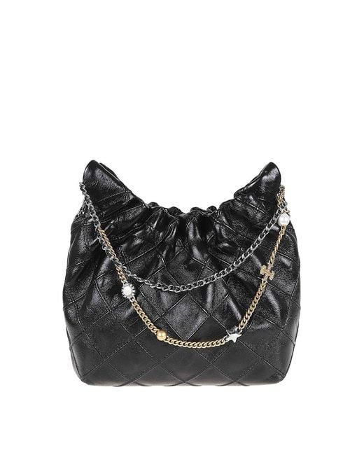 Tory Burch Black Fleming Distressed Mini Hobo Bag