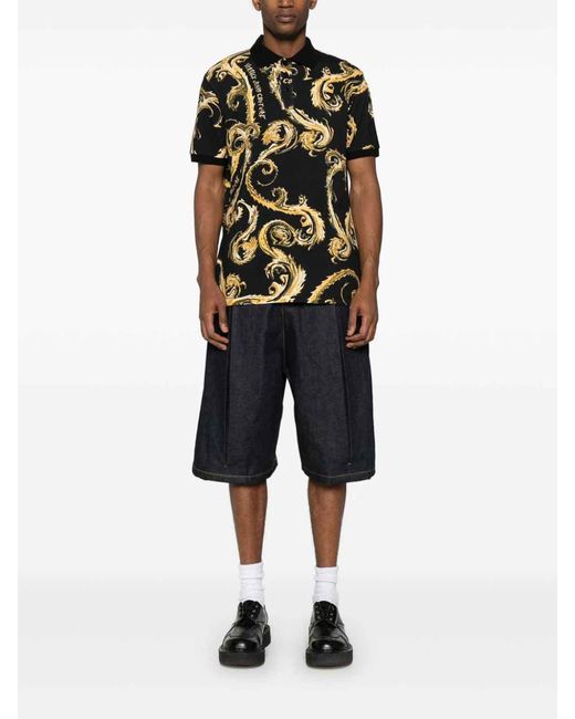 Versace Jeans Couture Black Cotton Polo Shirt With Baroque Print for men