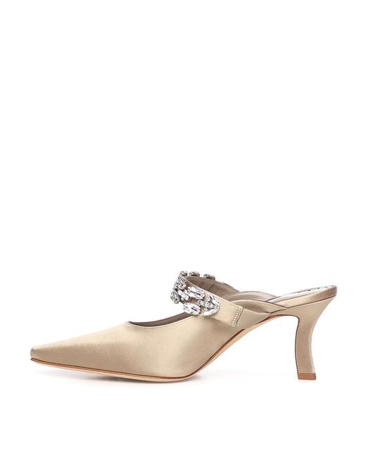 Manolo Blahnik White Tamolmu Satin Mules With Crystals