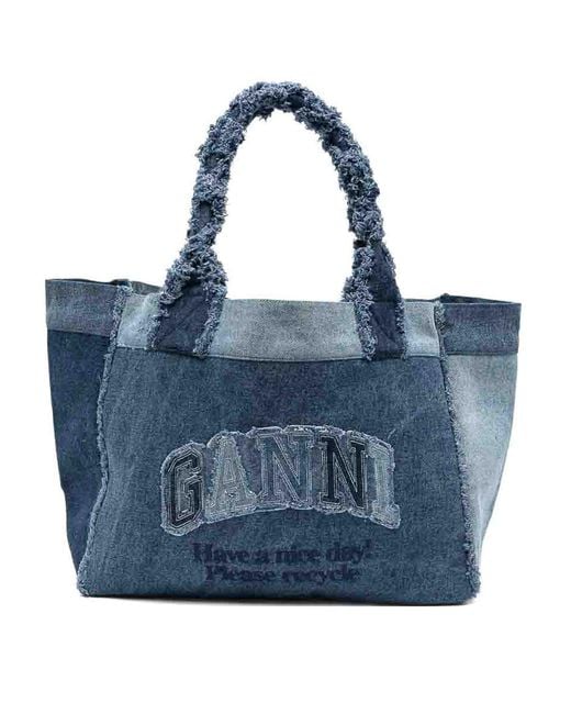 Ganni Blue Cotton Denim Shopping Bag With Logo