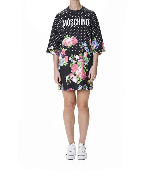 Moschino Blue Dots And Roses T-Shirt Dress