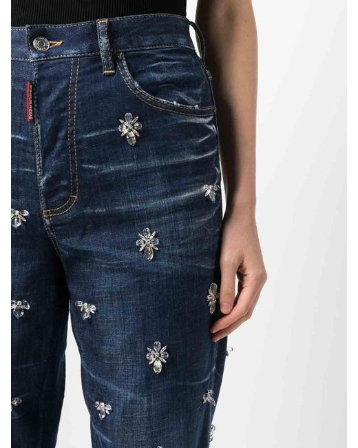 DSquared² Blue Crystal-Embellished High-Rise Straight-Leg Cropped Jeans