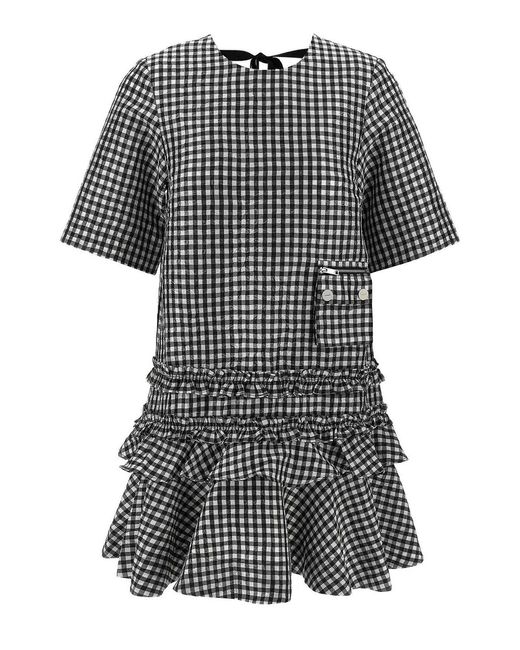 Ganni Gray Crinkled Check Mini Dress