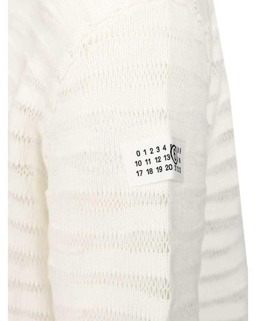 MM6 by Maison Margiela White Open Knit Stripe Cotton Crewneck Sweater for men