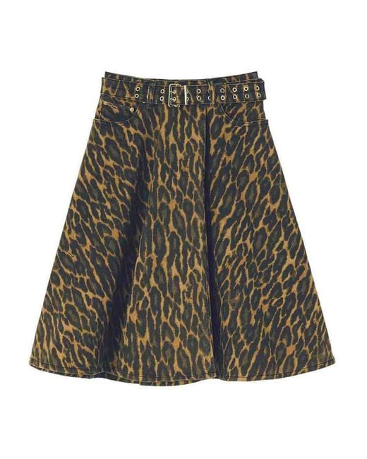 Ganni Green Leopard Midi Skirt With Belted Waist