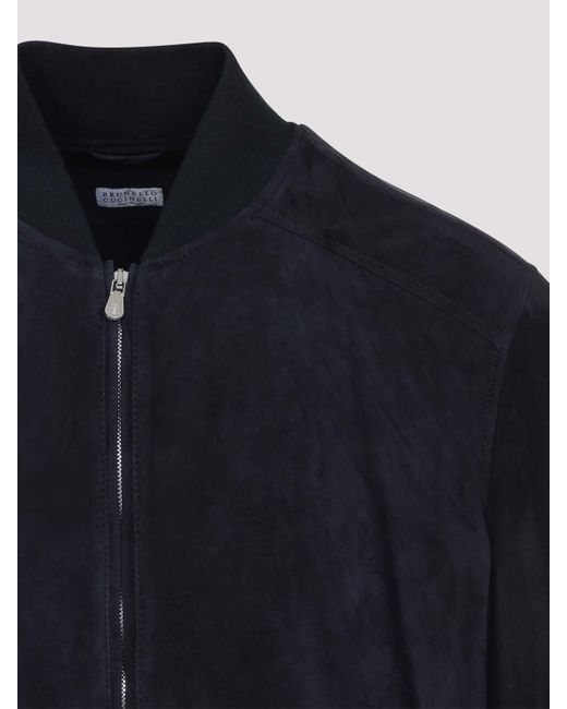 Brunello Cucinelli Blue Suede Leather Jacket for men