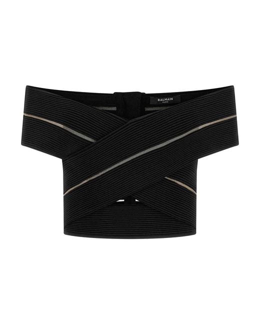 Balmain Black Off-The-Shoulder Crop Top