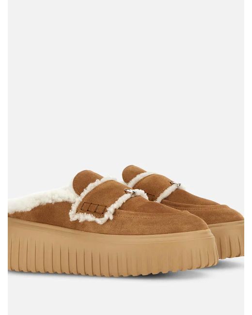 Hogan Brown H-Stripes Sabot Fur