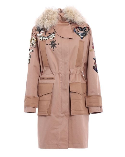 Valentino Garavani Pink Fur Trim Tattoo Embroidered Parka
