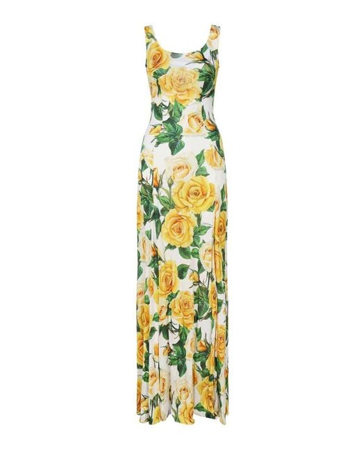 Dolce & Gabbana Metallic Yellow Roses Dress In Silk