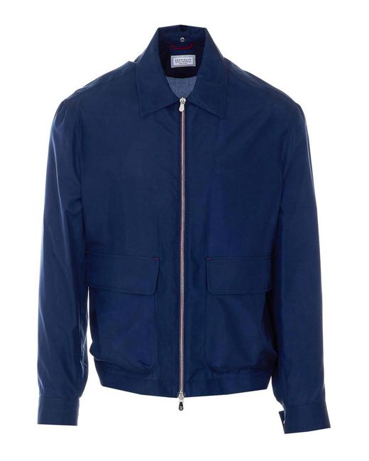 Brunello Cucinelli Blue Jacket With Frontal Zip Closure for men