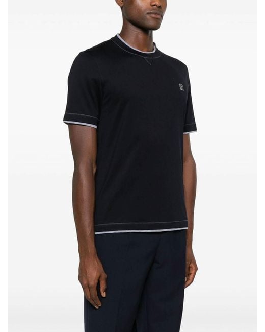 Brunello Cucinelli Black Textured Logo Crew Neck T-Shirt for men