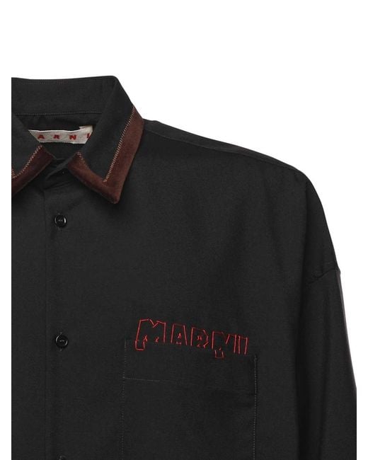 Marni Black Wool Shirt With Logo for men