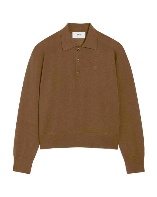 AMI Brown Wool-Silk Blend Polo Shirt for men
