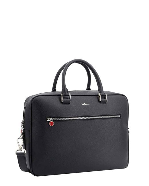 Kiton Black Leather Work Bag for men