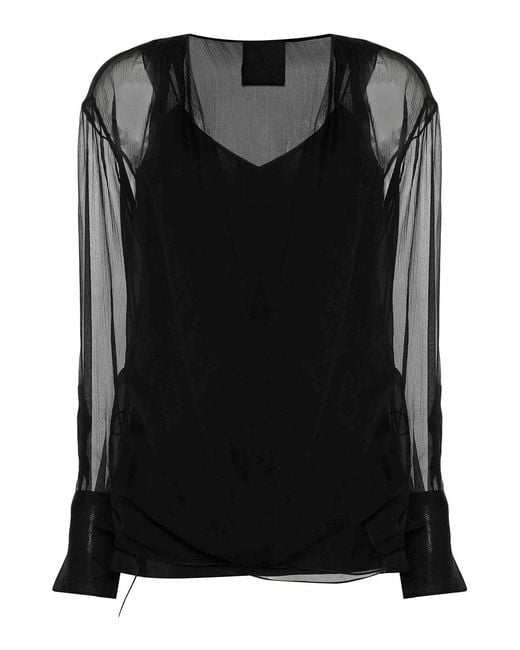 Givenchy Black Long-Sleeve Silk Wrap Blouse