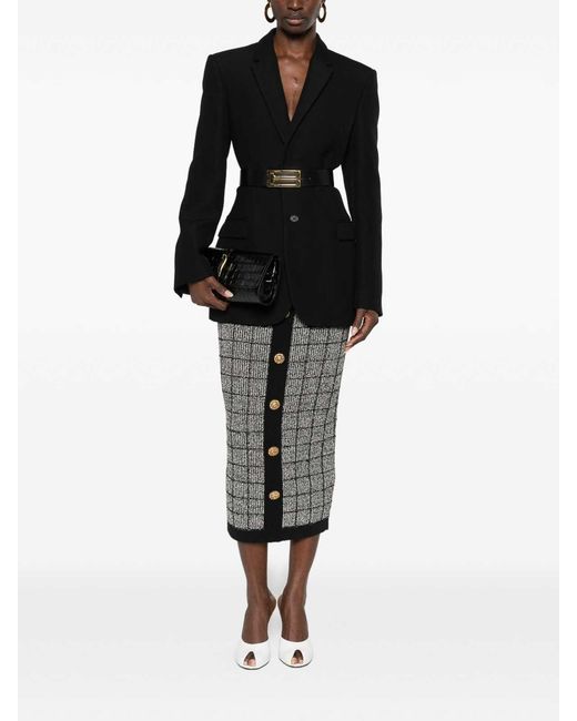 Balmain Gray Checked Tweed High-Rise Midi Pencil Skirt