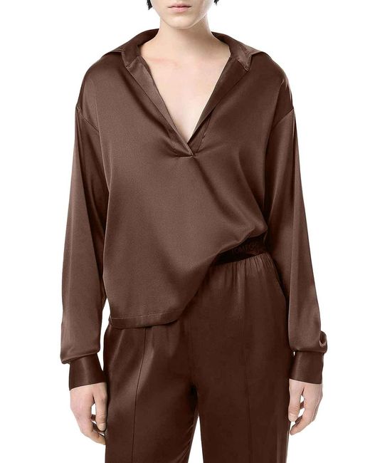 Tom Ford Silk Satin Blouse With Tf Logo Embroidered In Tone-on-tone Brown