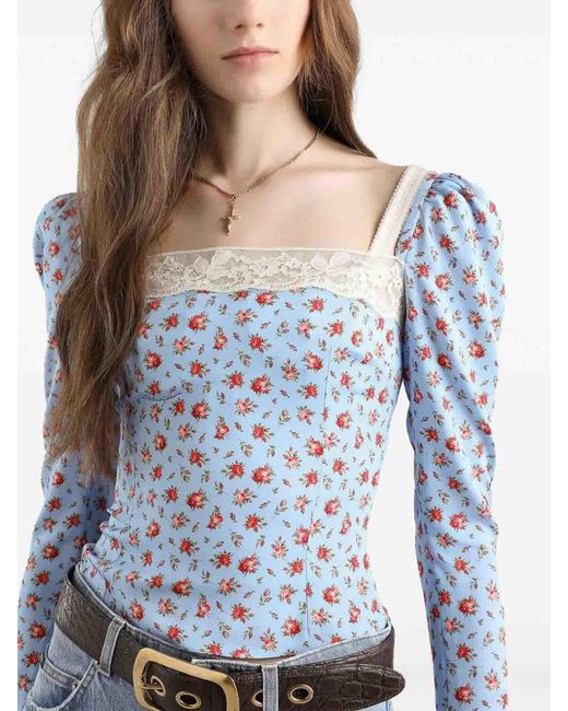 Dolce & Gabbana Blue Silk-Blend Rose Print Top
