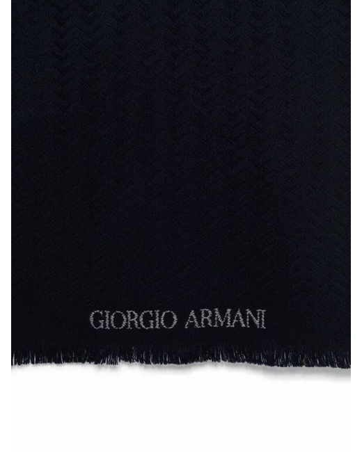 Giorgio Armani Blue Herringbone Pattern Wool Fringed Scarf for men