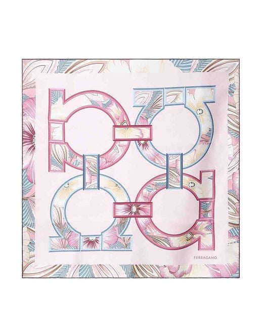 Ferragamo Pink Printed Silk Scarf