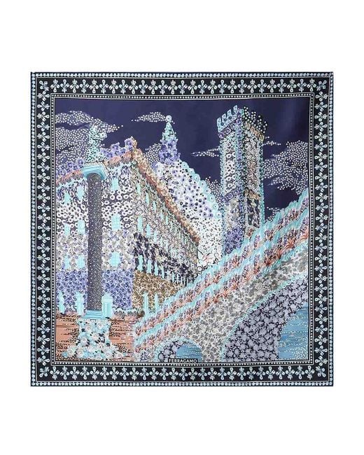 Ferragamo Blue Printed Silk Scarf