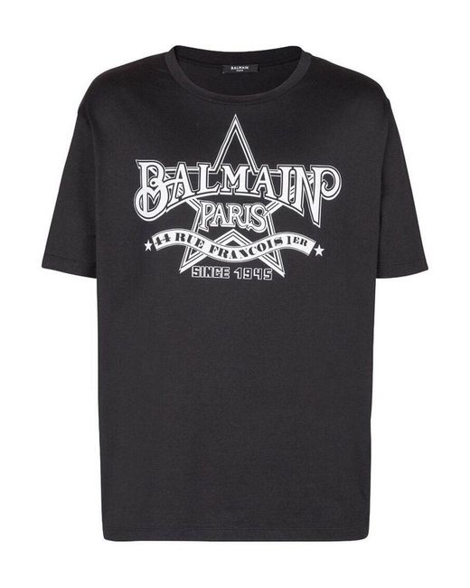 Balmain Black Logo Print Crew Neck T-shirt for men
